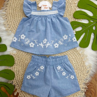 Conjunto em Linho Azul Floral